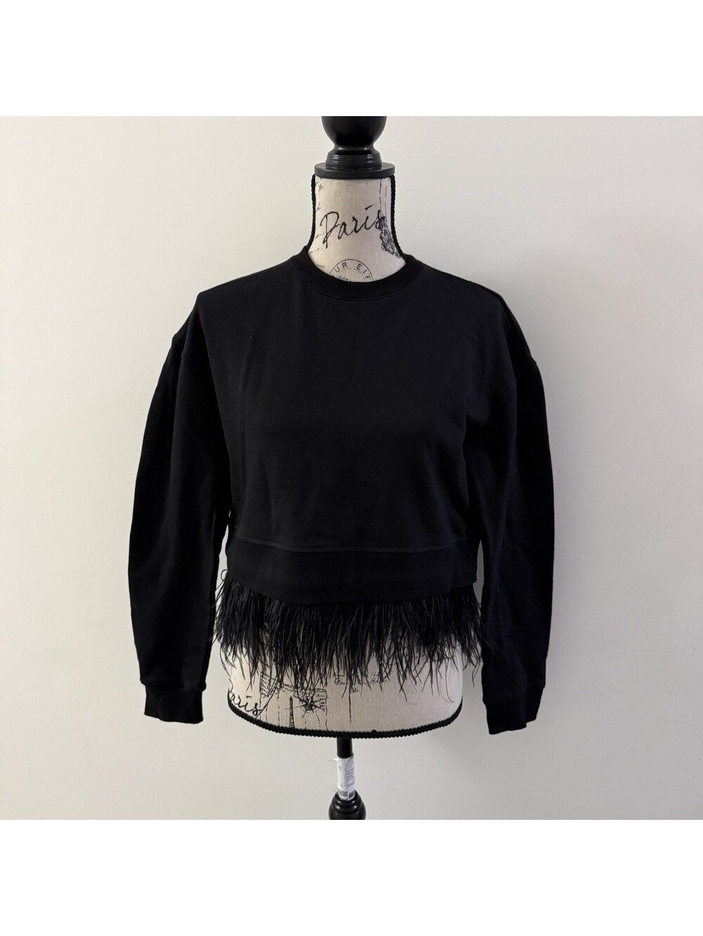 Derek Lam 10 Crosby Feather Hem Cropped Sweatshirt Women's S Black Luxury Design